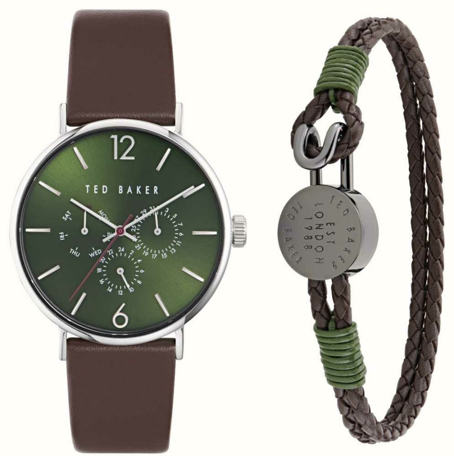 Men'S Ted Baker | Ted Baker Men'S Phylipa Gift Set (41Mm) Green Dial / Brown Leather Strap