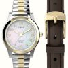 Women'S Timex | Timex Women'S Gift Set (25Mm) Mother-Of-Pearl Dial / Two-Tone Stainless Steel And Brown Leather Strap Set