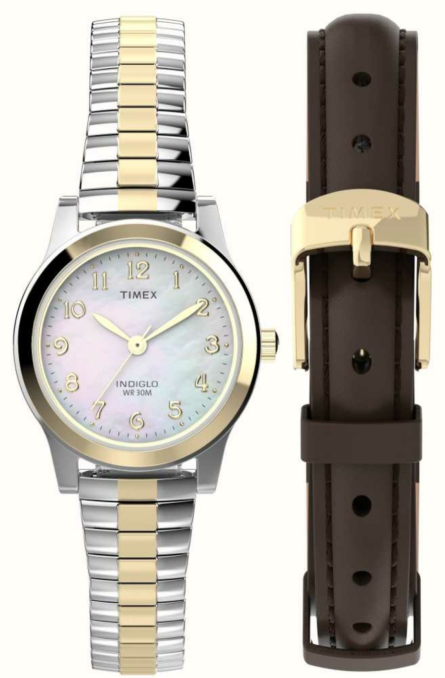 Women'S Timex | Timex Women'S Gift Set (25Mm) Mother-Of-Pearl Dial / Two-Tone Stainless Steel And Brown Leather Strap Set