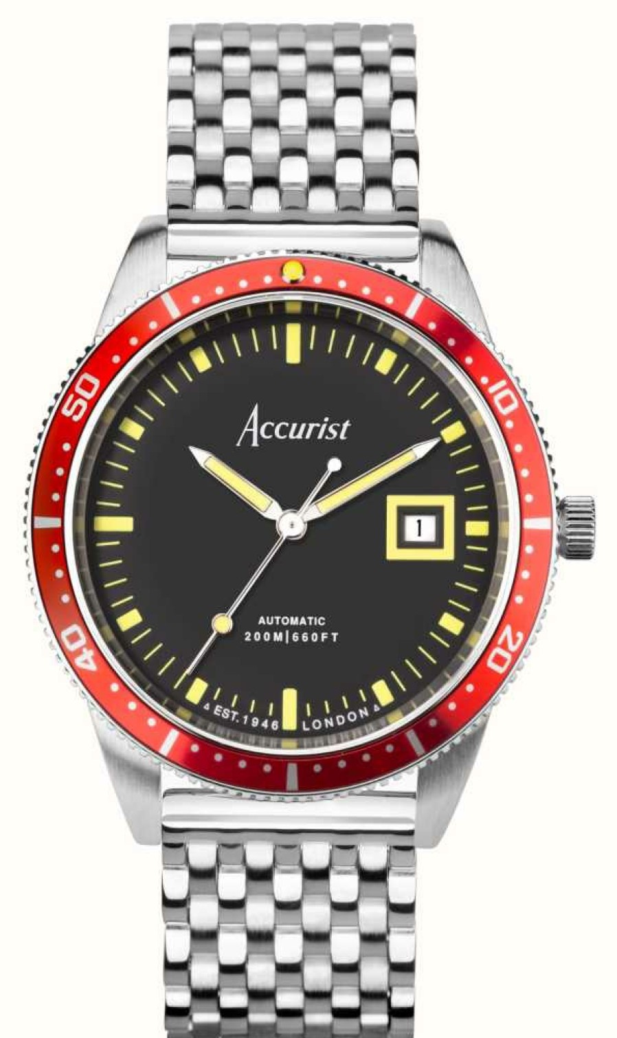 Men'S Accurist | Accurist Men'S Dive Automatic (42Mm) Black Dial / Stainless Steel Bracelet