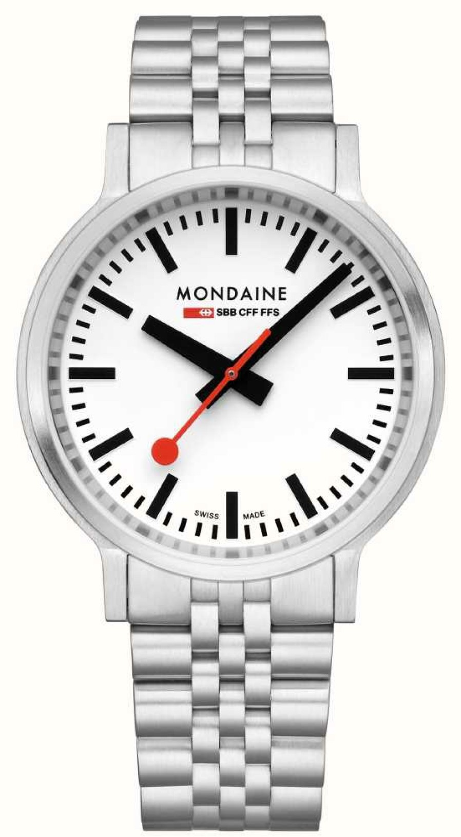 Men'S Mondaine | Mondaine Stop2Go (41Mm) Classic White Dial / 316L Stainless Steel Bracelet