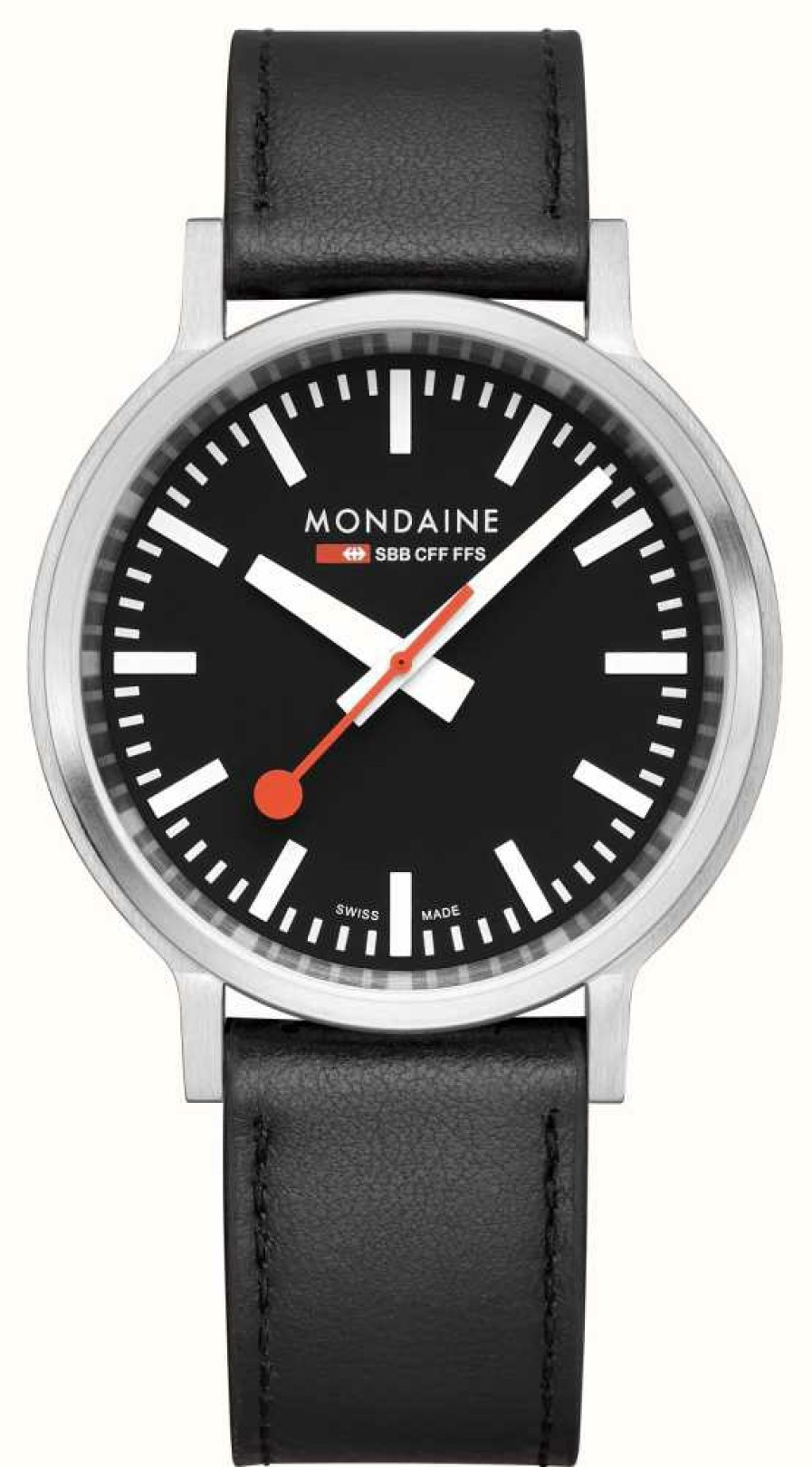 Men'S Mondaine | Mondaine Stop2Go (41Mm) Classic Black Dial / Black Vegan Grape Leather