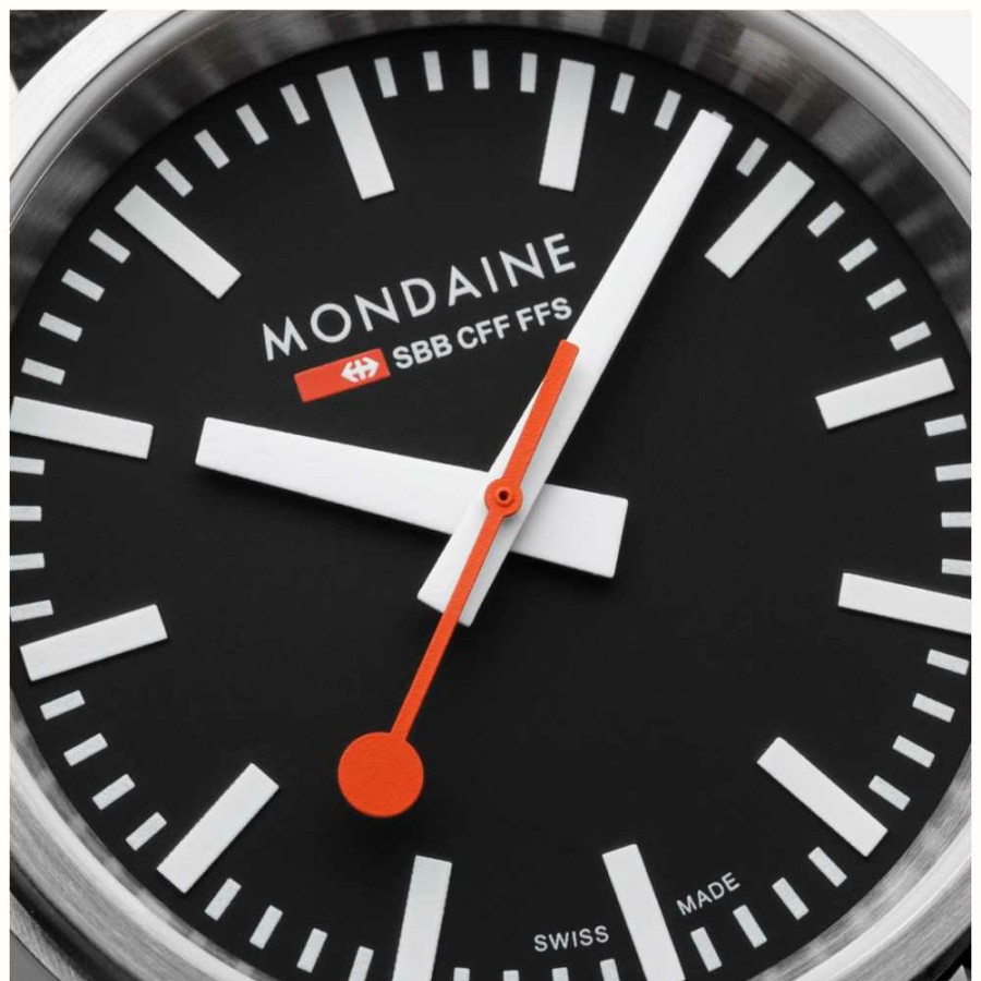 Men'S Mondaine | Mondaine Stop2Go (41Mm) Classic Black Dial / Black Vegan Grape Leather