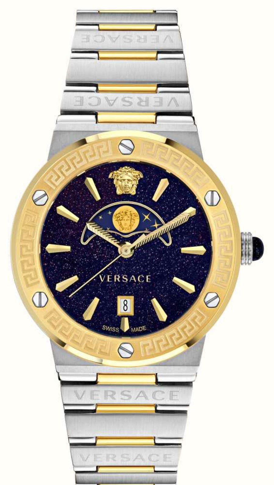 Jewelry Versace | Versace Greca Logo Moonphase (44Mm) Midnight Blue Dial / Two-Tone Stainless Steel