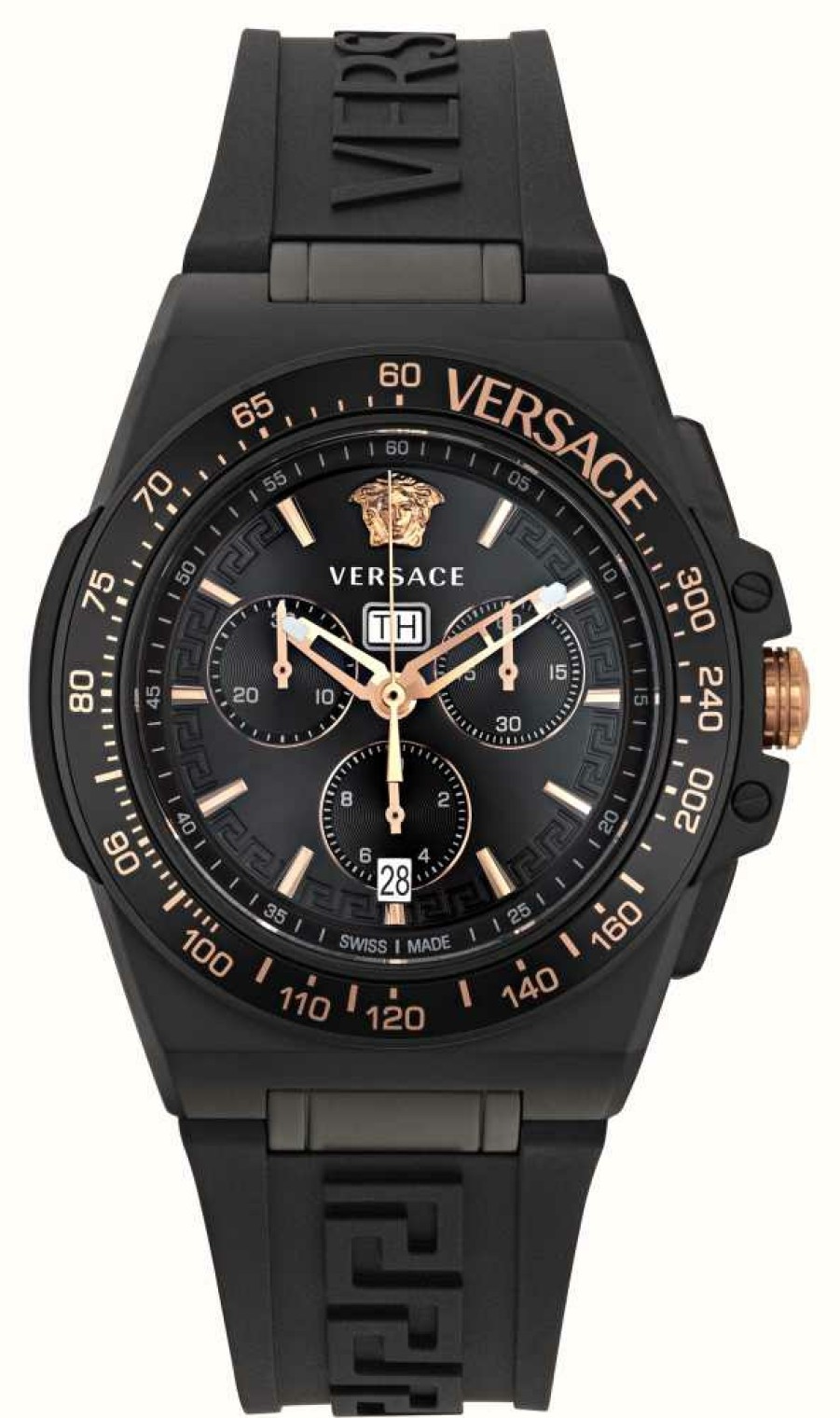 Men'S Versace | Versace Greca Extreme Chrono (43Mm) Black Dial / Black Silicone