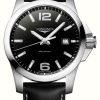 Men'S LONGINES | Longines Conquest Quartz (43Mm) Sunray Black Dial / Black Leather