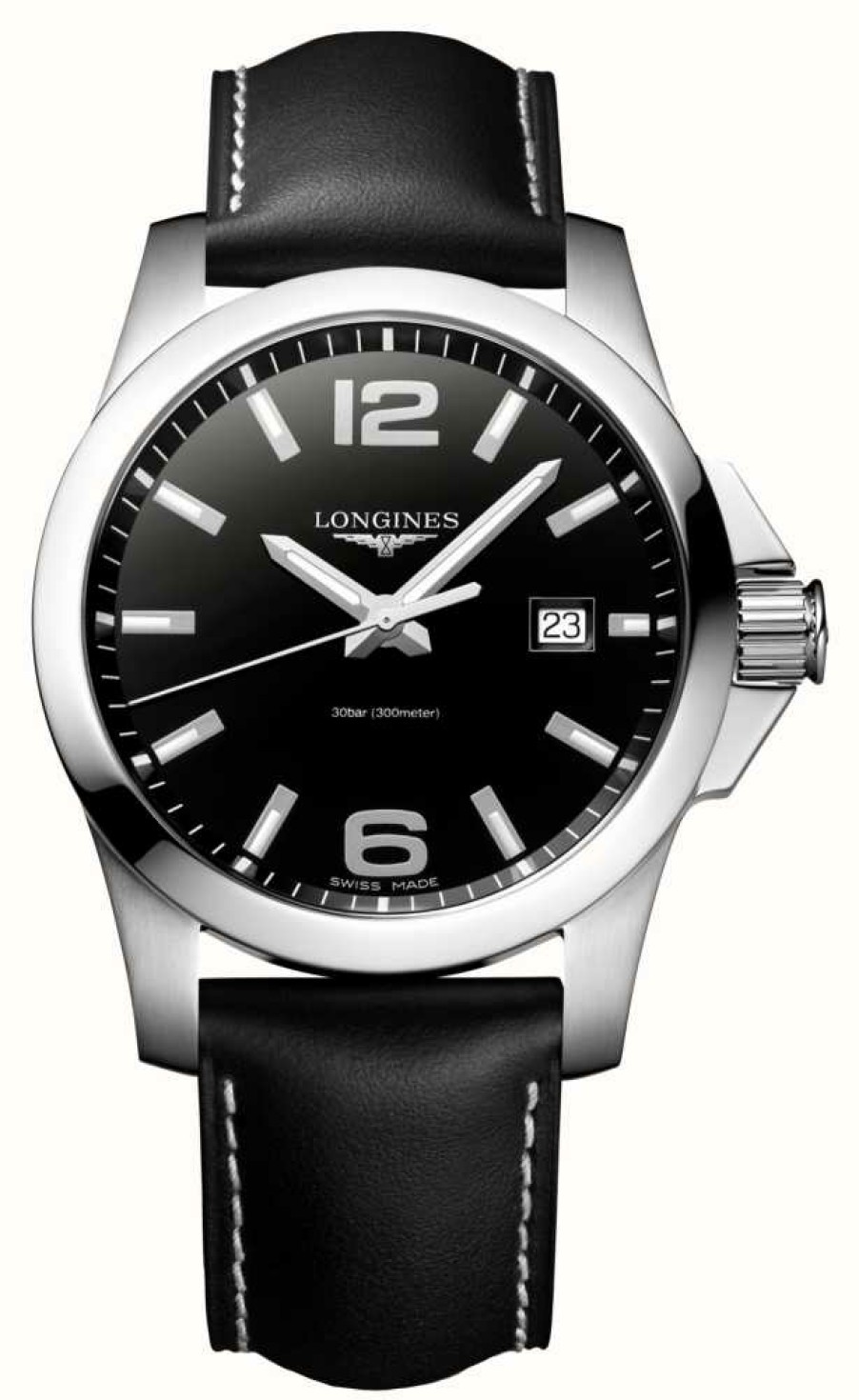 Men'S LONGINES | Longines Conquest Quartz (43Mm) Sunray Black Dial / Black Leather