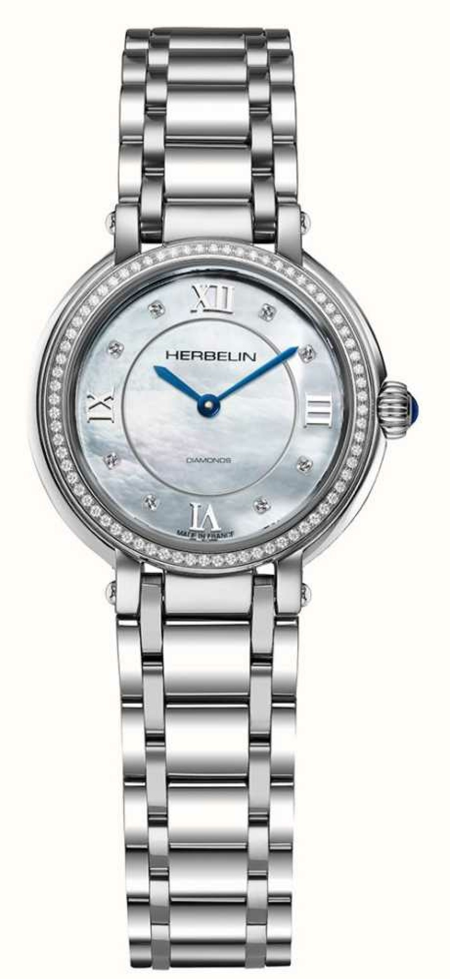 Women'S Herbelin | Herbelin Women'S Galet (28Mm) Diamond-Set Mother-Of-Pearl Dial / Stainless Steel Bracelet