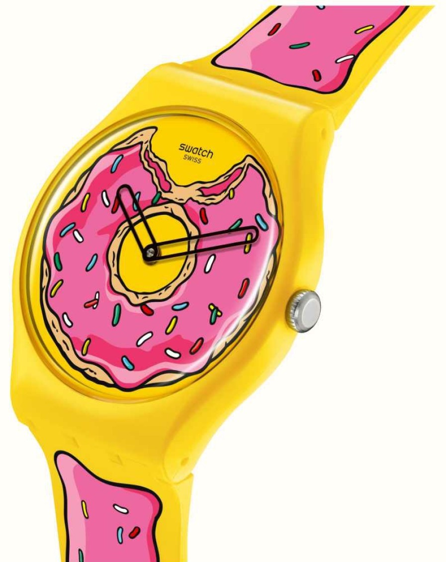 Men'S Swatch | Swatch X The Simpsons Seconds Of Sweetness (41Mm) Donut-Printed Dial / Frosting-Printed Silicone Strap