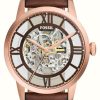 Men'S Fossil | Fossil Men'S Townsman Automatic (44Mm) Rose Gold Skeleton Dial / Brown Leather Strap