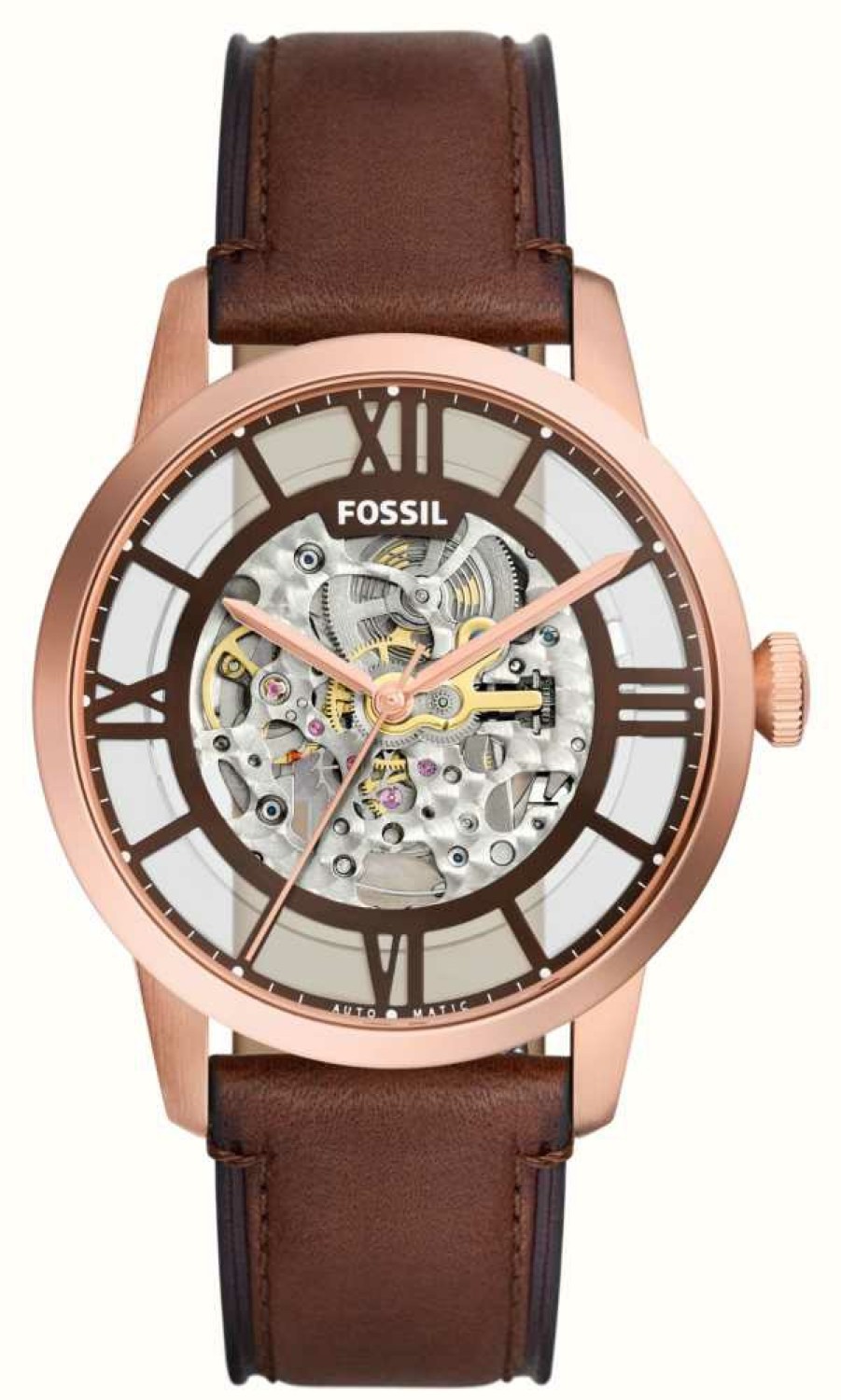 Men'S Fossil | Fossil Men'S Townsman Automatic (44Mm) Rose Gold Skeleton Dial / Brown Leather Strap