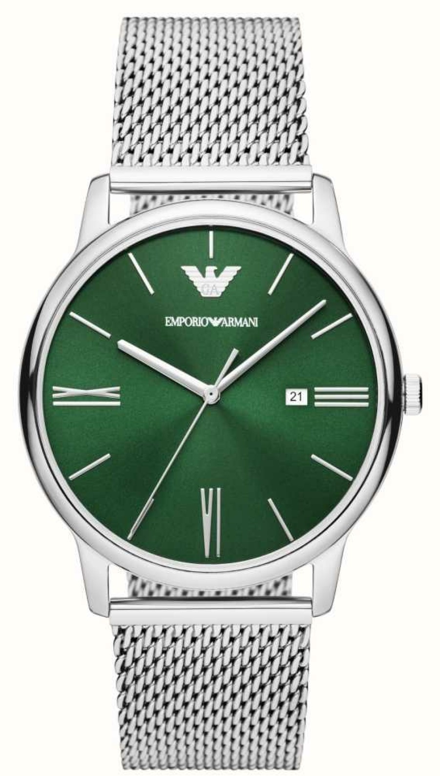 Men'S Emporio Armani | Emporio Armani Men'S (42Mm) Green Dial / Stainless Steel Mesh Bracelet