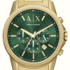 Men'S Armani Exchange | Armani Exchange Men'S (44Mm) Green Chronograph Dial / Gold-Tone Stainless Steel Bracelet