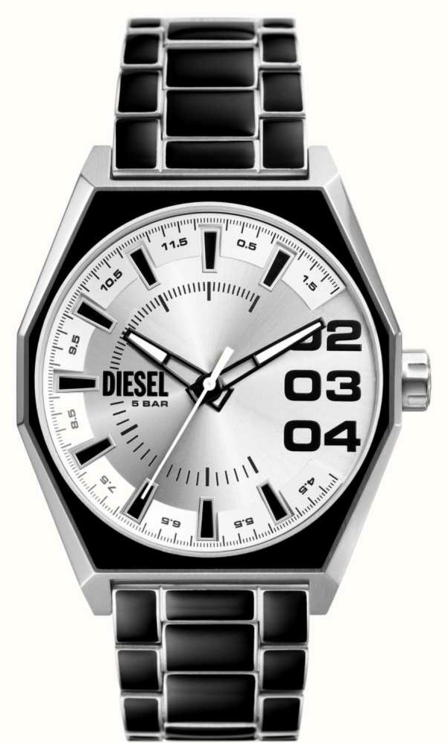 Men'S Diesel | Diesel Men'S Scraper (43Mm) Silver Dial / Black And Silver Stainless Steel Bracelet