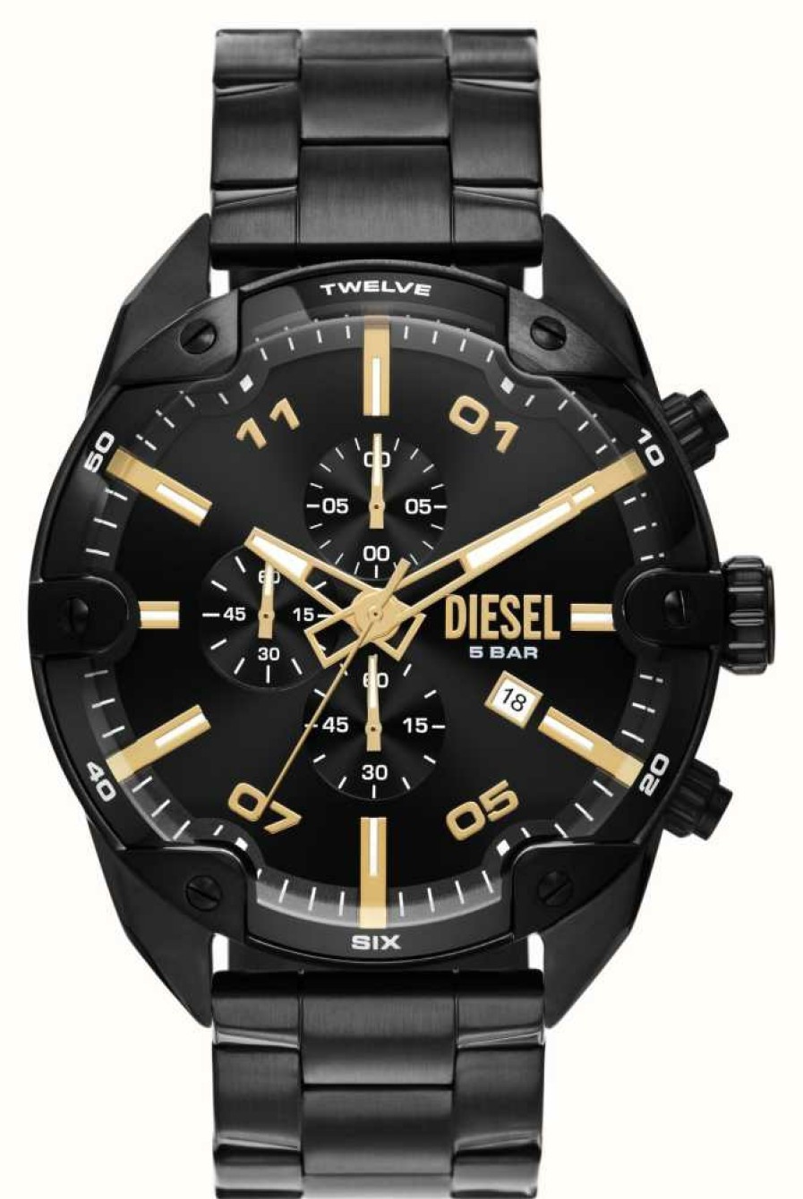 Men'S Diesel | Diesel Men'S Spiked (49Mm) Black Dial / Black Stainless Steel Bracelet