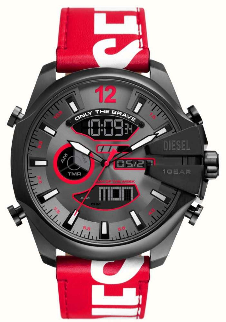 Men'S Diesel | Diesel Men'S Mega Chief (51Mm) Grey Dial / Red Leather Strap