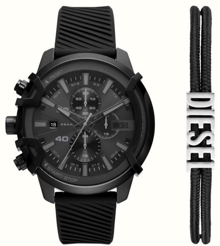 Men'S Diesel | Diesel Men'S Griffed Gift Set (48Mm) Black Chronograph Dial / Black Silicone Strap