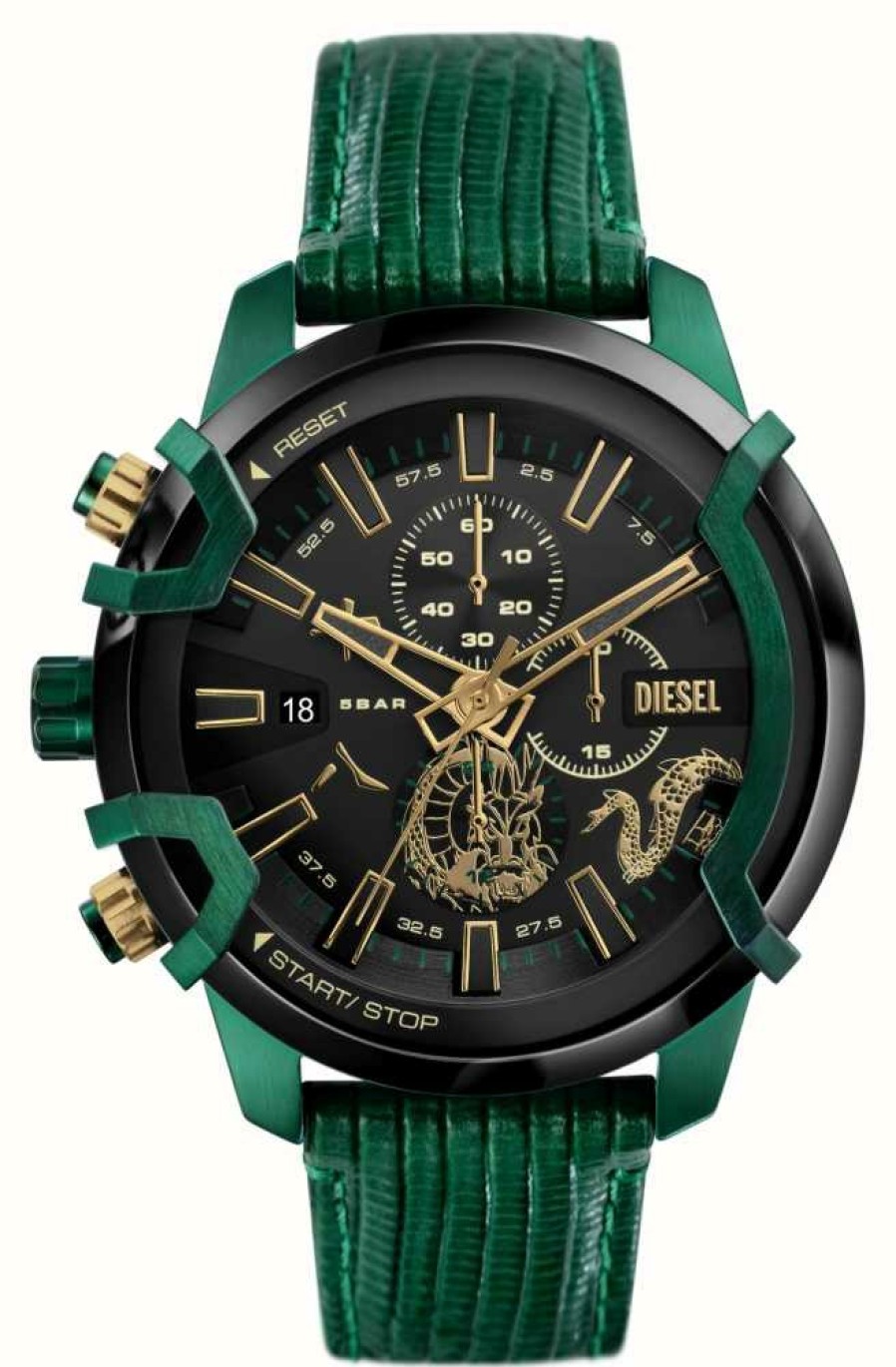 Men'S Diesel | Diesel Men'S Griffed (48Mm) Black Dial / Green Leather Strap