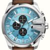 Men'S Diesel | Diesel Men'S Mega Chief (51Mm) Blue Dial / Brown Leather Strap