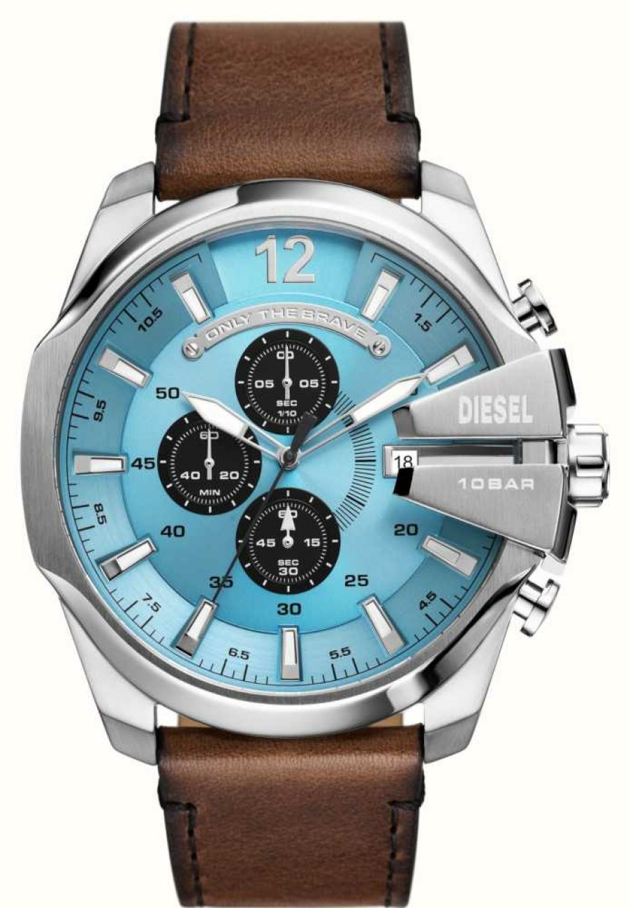 Men'S Diesel | Diesel Men'S Mega Chief (51Mm) Blue Dial / Brown Leather Strap