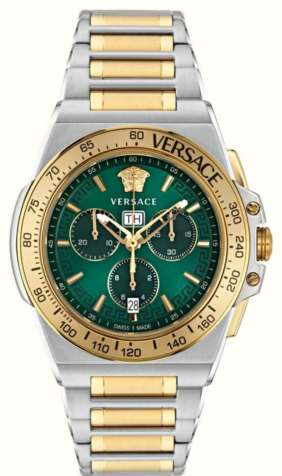 Jewelry Versace | Versace Men'S Greca Extreme Chrono (45Mm) Green Dial / Two-Tone Stainless Steel Bracelet