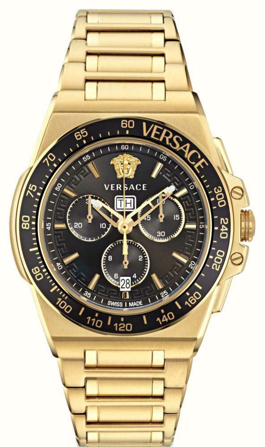 Jewelry Versace | Versace Men'S Greca Extreme Chrono (45Mm) Black Dial / Gold-Tone Stainless Steel Bracelet