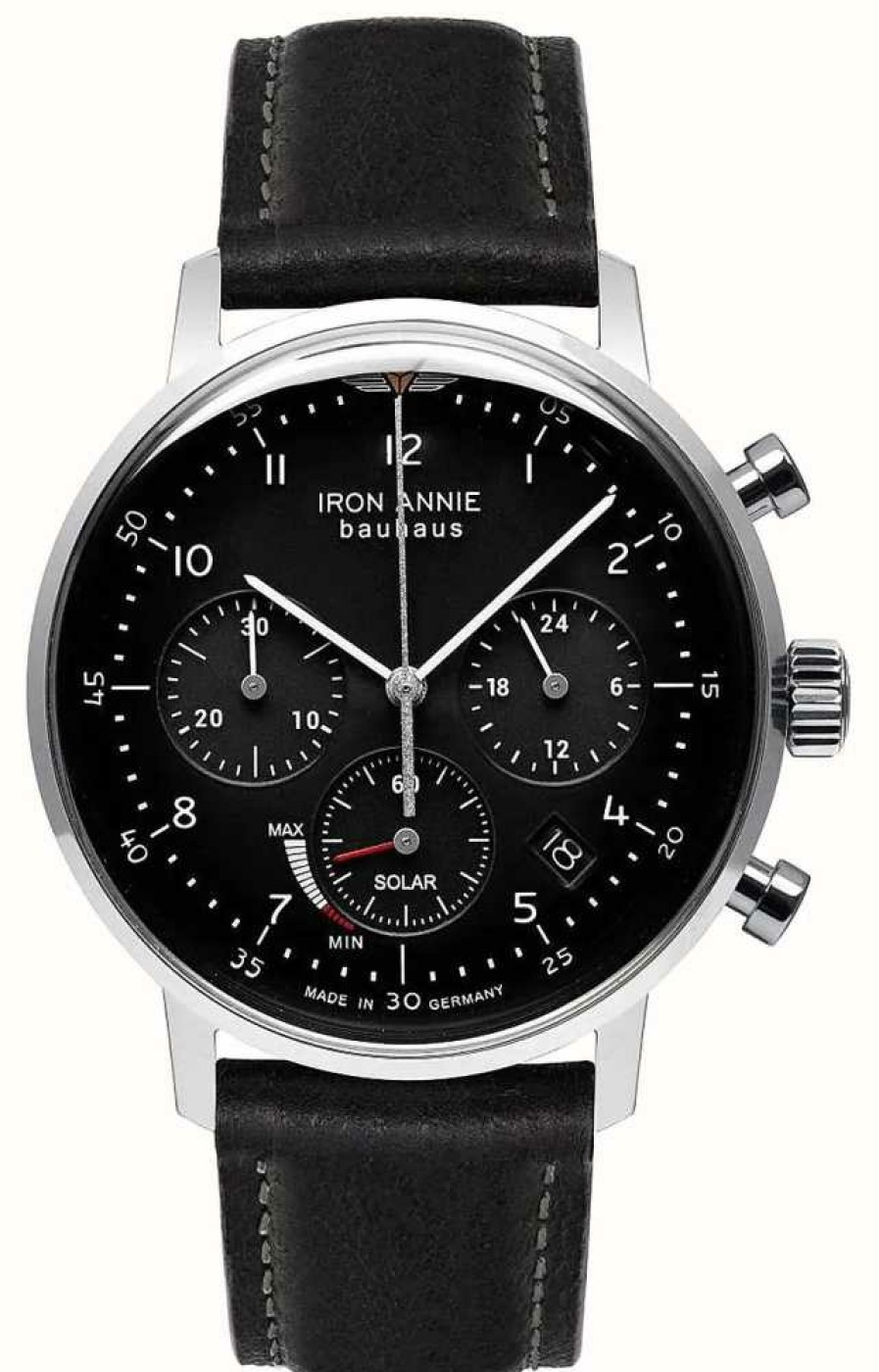 Jewelry Iron Annie | Iron Annie Men'S Bauhaus Solar Chronograph (41Mm) Black Dial / Black Leather Strap