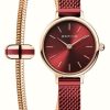 Women'S Bering | Bering Classic Rose Gold Bracelet Gift Set (22Mm) Red Sunray Dial / Red Pvd Stainless Steel Mesh