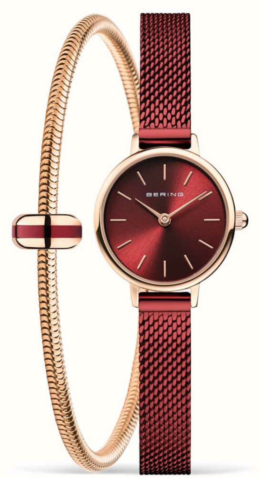 Women'S Bering | Bering Classic Rose Gold Bracelet Gift Set (22Mm) Red Sunray Dial / Red Pvd Stainless Steel Mesh