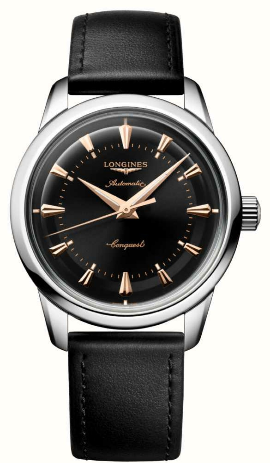 Men'S LONGINES | Longines Conquest Heritage Automatic (38Mm) Black Lacquered Dial / Black Leather