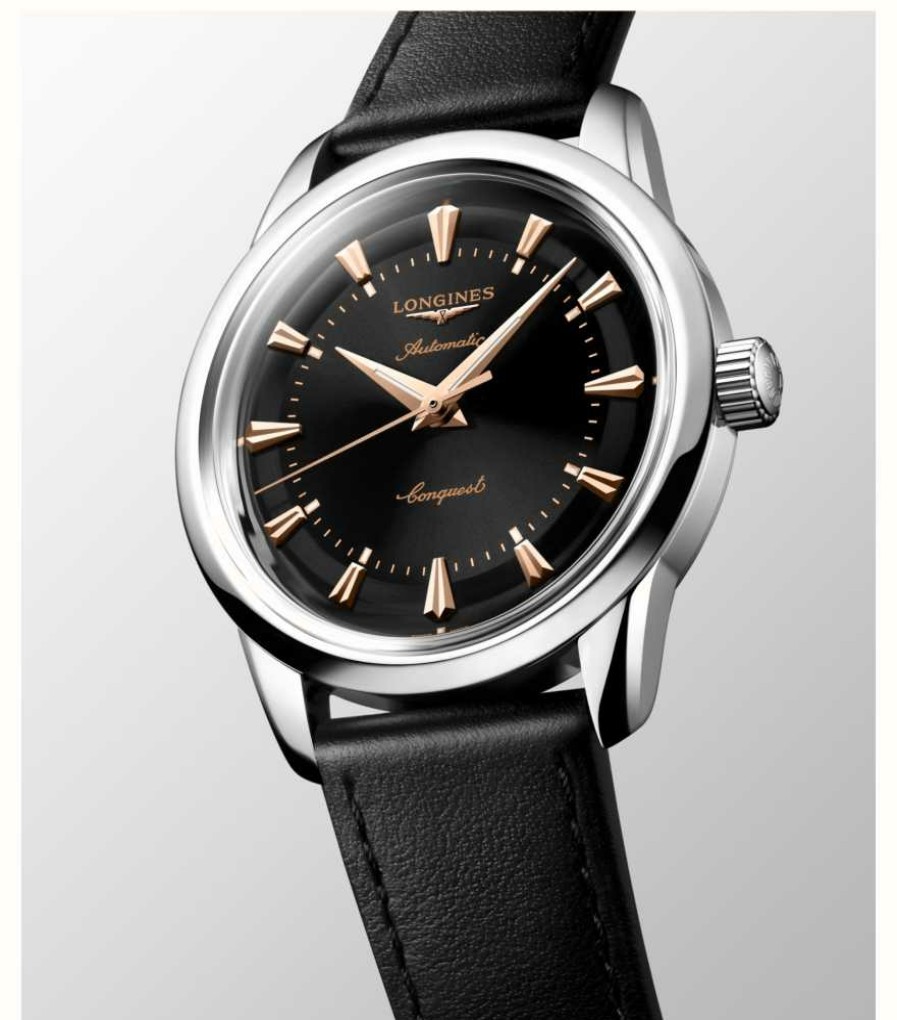 Men'S LONGINES | Longines Conquest Heritage Automatic (38Mm) Black Lacquered Dial / Black Leather