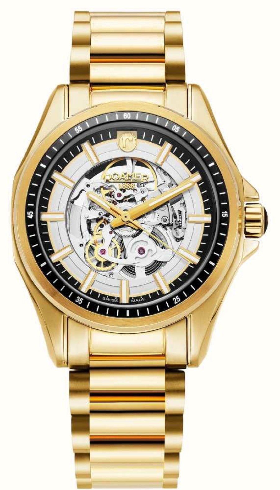 Men'S Roamer | Roamer Rockshell Mk Iii Skeleton (44Mm) Black Skeleton Dial / Gold Pvd Stainless Steel Bracelet