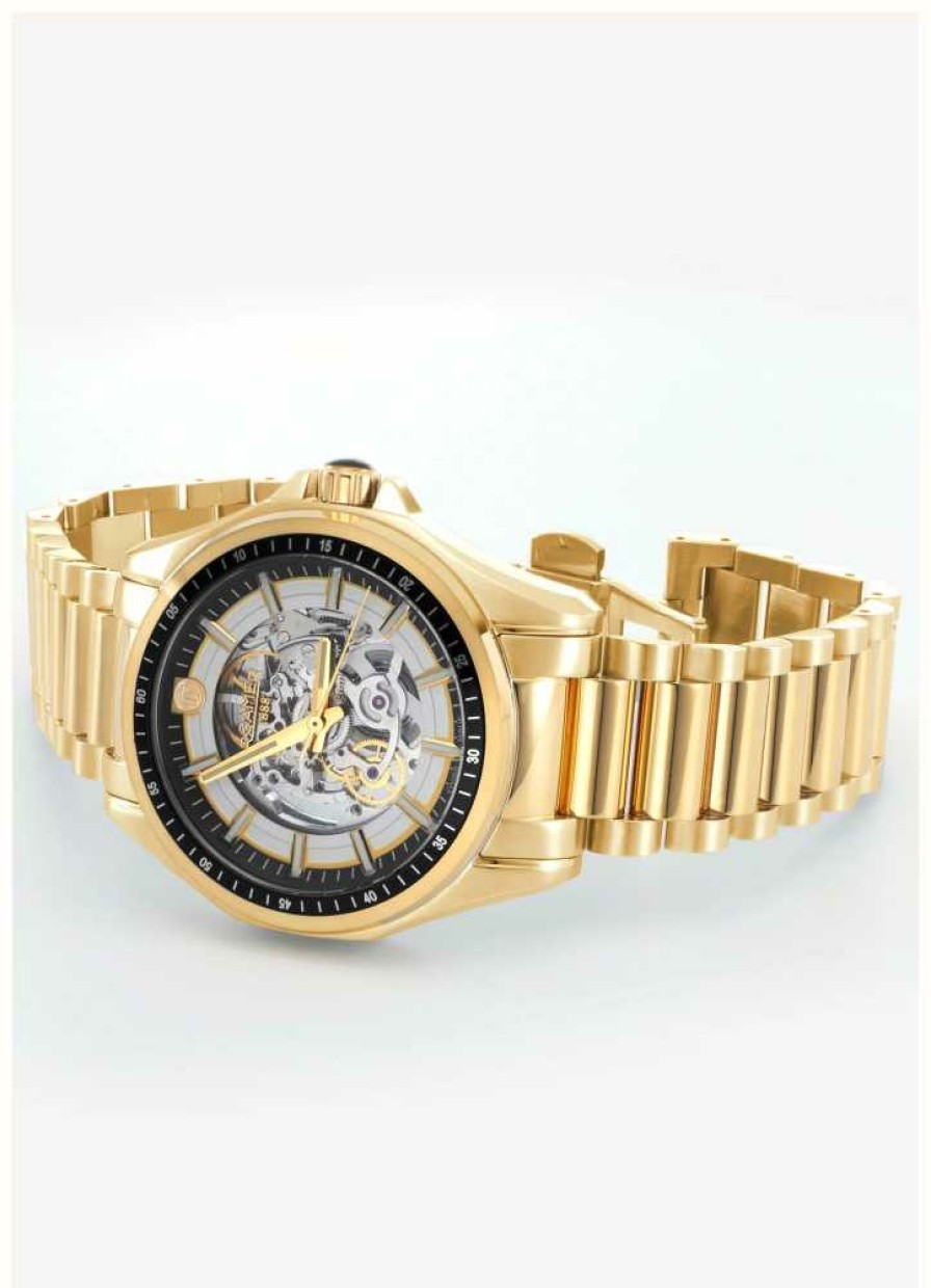 Men'S Roamer | Roamer Rockshell Mk Iii Skeleton (44Mm) Black Skeleton Dial / Gold Pvd Stainless Steel Bracelet