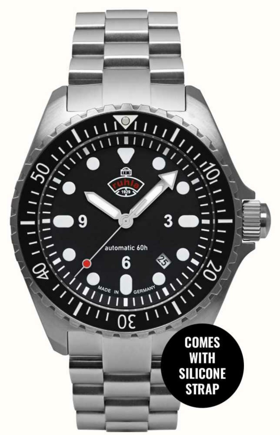 Men'S RUHLA | Ruhla Nva Kommando Minentaucher Automatic (43Mm) Black Dial / Stainless Steel + Red Silicone Strap