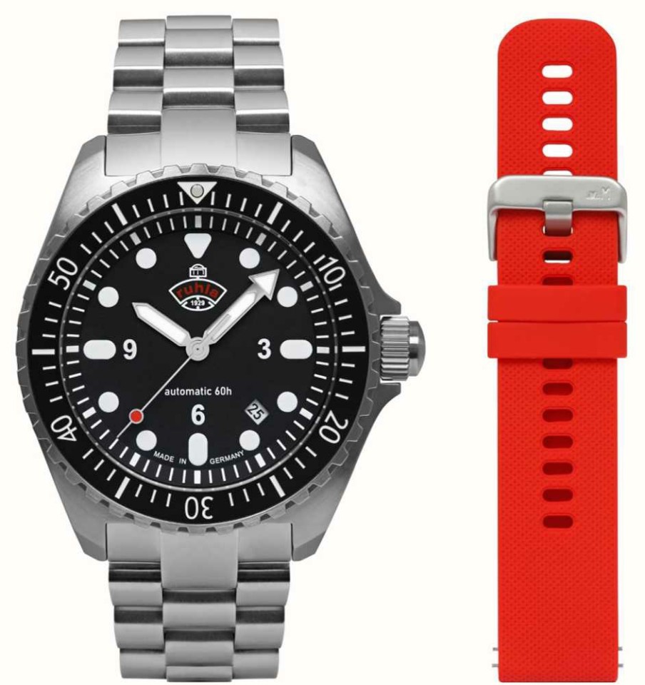 Men'S RUHLA | Ruhla Nva Kommando Minentaucher Automatic (43Mm) Black Dial / Stainless Steel + Red Silicone Strap