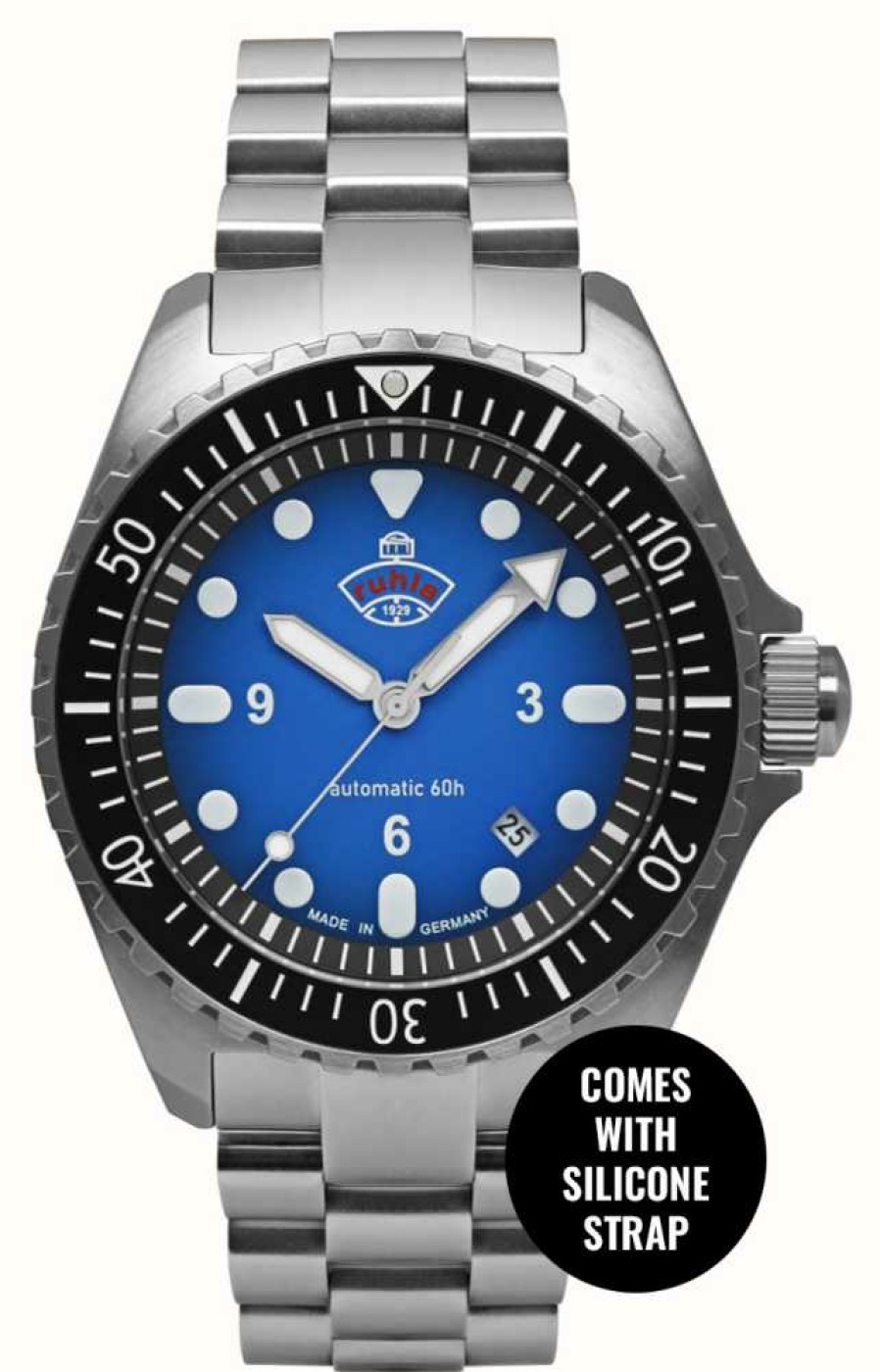 Men'S RUHLA | Ruhla Nva Kommando Minentaucher Automatic (43Mm) Blue Dial / Stainless Steel + Navy Blue Silicone Strap