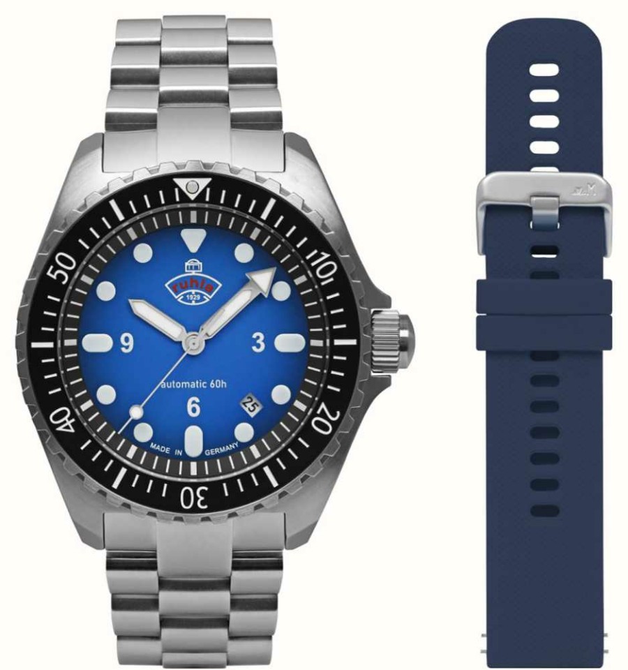 Men'S RUHLA | Ruhla Nva Kommando Minentaucher Automatic (43Mm) Blue Dial / Stainless Steel + Navy Blue Silicone Strap