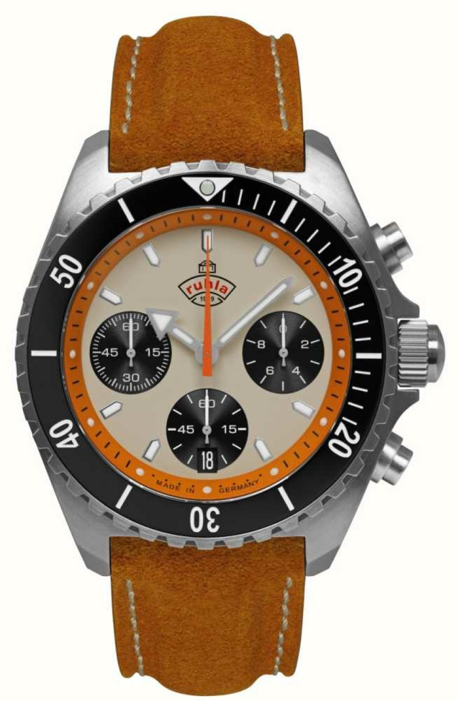 Men'S RUHLA | Ruhla Glasbach Cup Hill Climb Quartz Chrono (43Mm) Beige Dial / Water Resistant Brown Leather Strap