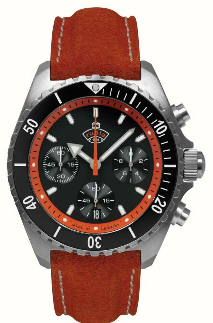 Men'S RUHLA | Ruhla Glasbach Cup Hill Climb Quartz Chrono (43Mm) Black Dial / Water Resistant Red Leather Strap