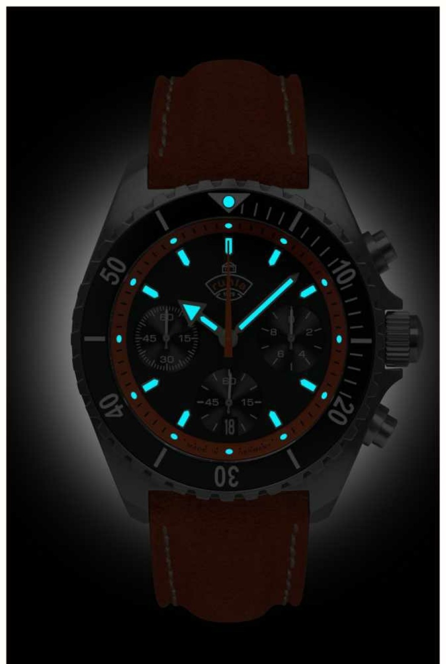 Men'S RUHLA | Ruhla Glasbach Cup Hill Climb Quartz Chrono (43Mm) Black Dial / Water Resistant Red Leather Strap