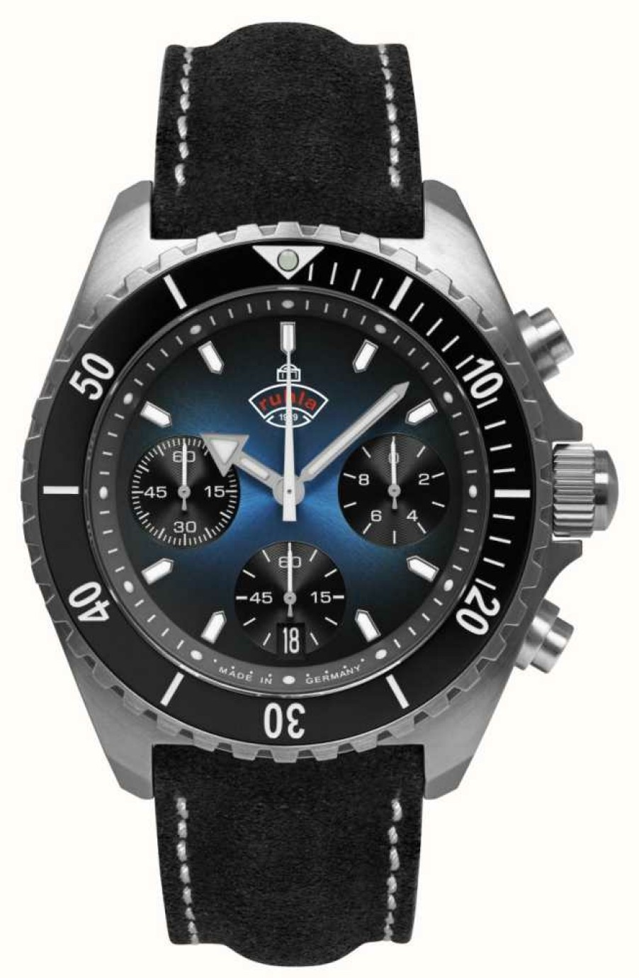 Men'S RUHLA | Ruhla Glasbach Cup Hill Climb Quartz Chrono (43Mm) Dark Blue Dial / Water Resistant Black Leather Strap