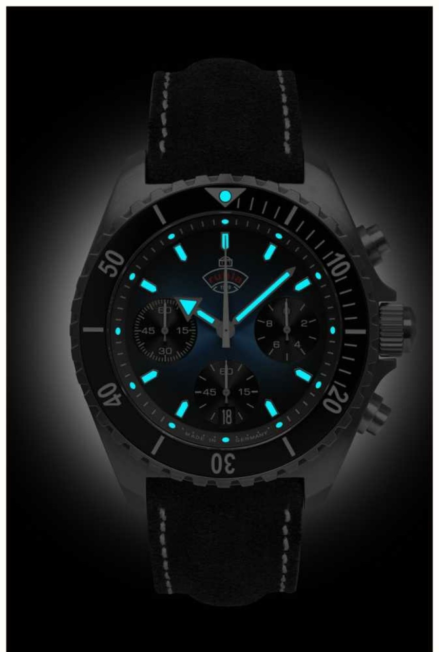 Men'S RUHLA | Ruhla Glasbach Cup Hill Climb Quartz Chrono (43Mm) Dark Blue Dial / Water Resistant Black Leather Strap