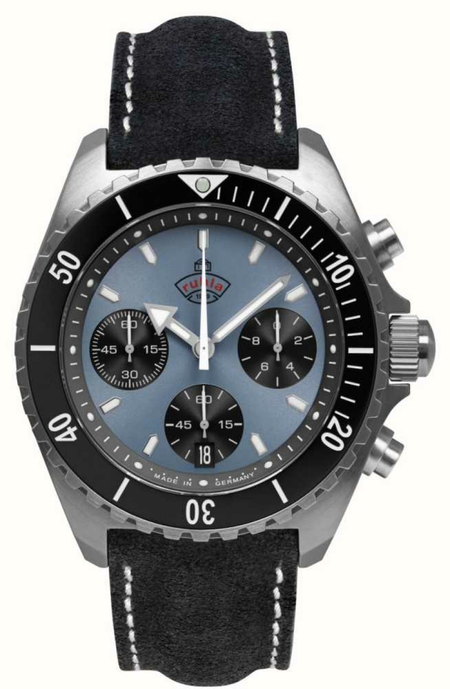 Men'S RUHLA | Ruhla Glasbach Cup Hill Climb Quartz Chrono (43Mm) Ice Blue Dial / Water Resistant Black Leather Strap