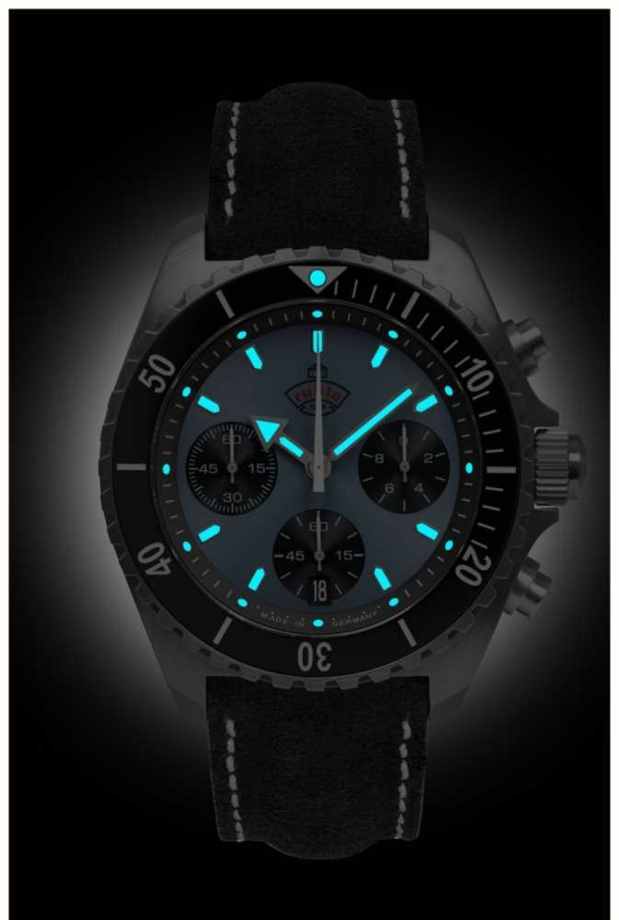 Men'S RUHLA | Ruhla Glasbach Cup Hill Climb Quartz Chrono (43Mm) Ice Blue Dial / Water Resistant Black Leather Strap