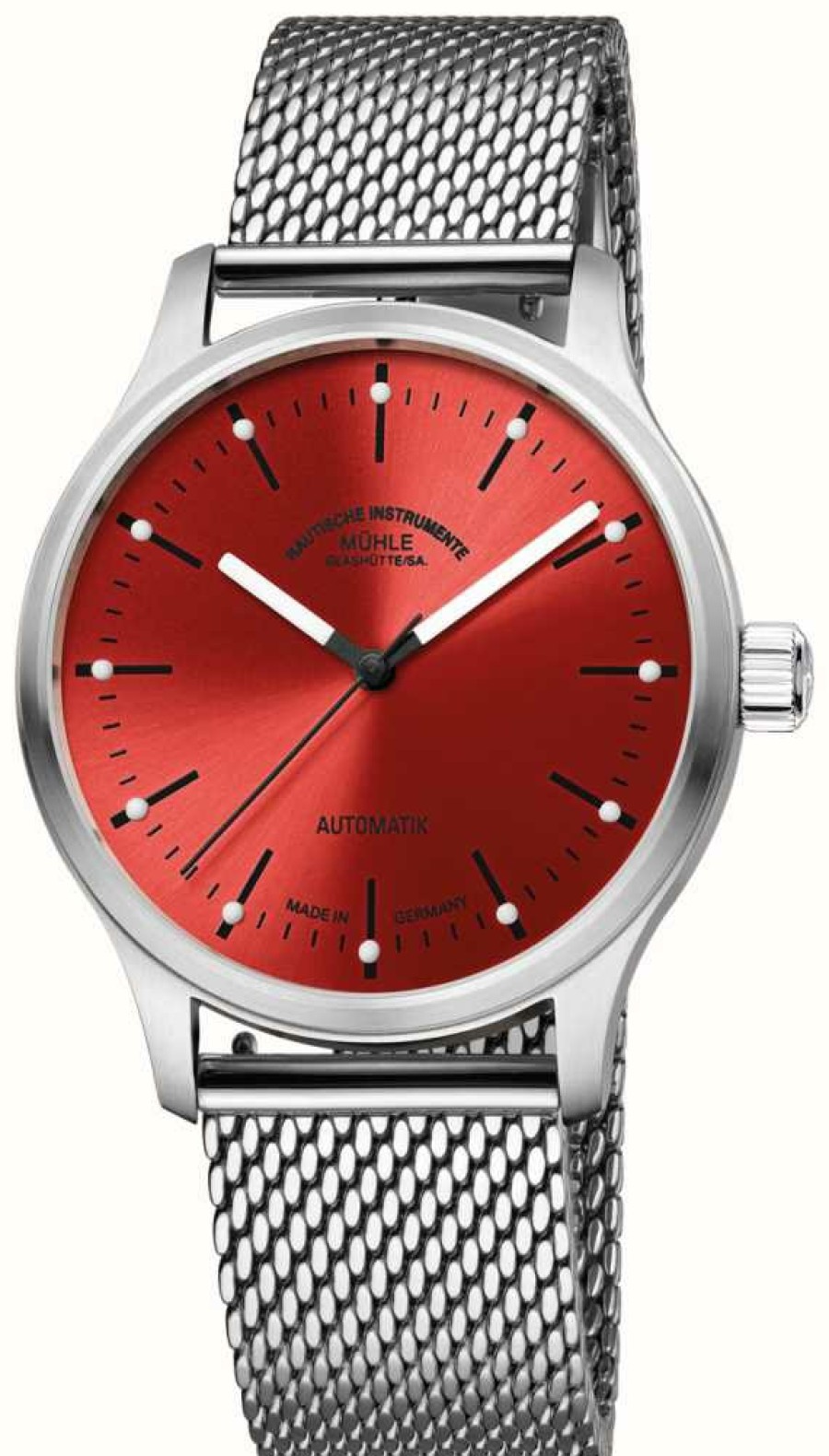 Men'S Muhle Glashutte | Muhle Glashutte Panova Red Automatic (40Mm) Red Sunray Dial / Stainless Steel Milanaise Bracelet