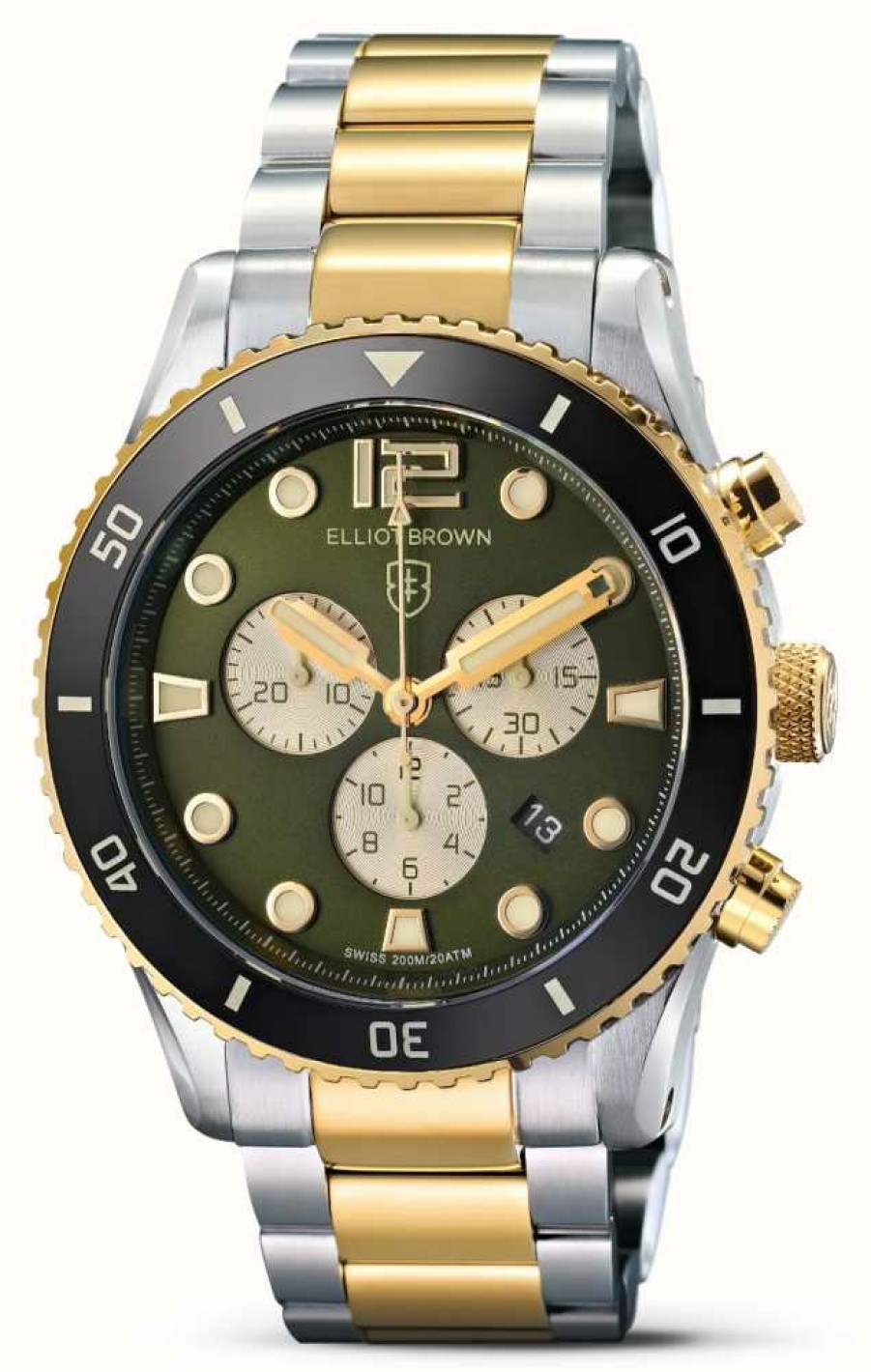 Men'S Elliot Brown | Elliot Brown Bloxworth Quartz Chronograph (44Mm) Racing Green Sunray Dial / Bi-Colour Stainless Steel Bracelet