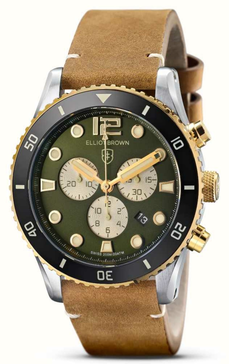 Men'S Elliot Brown | Elliot Brown Bloxworth Quartz Chronograph (44Mm) Racing Green Sunray Dial / Waxed Raw Edged Leather Strap