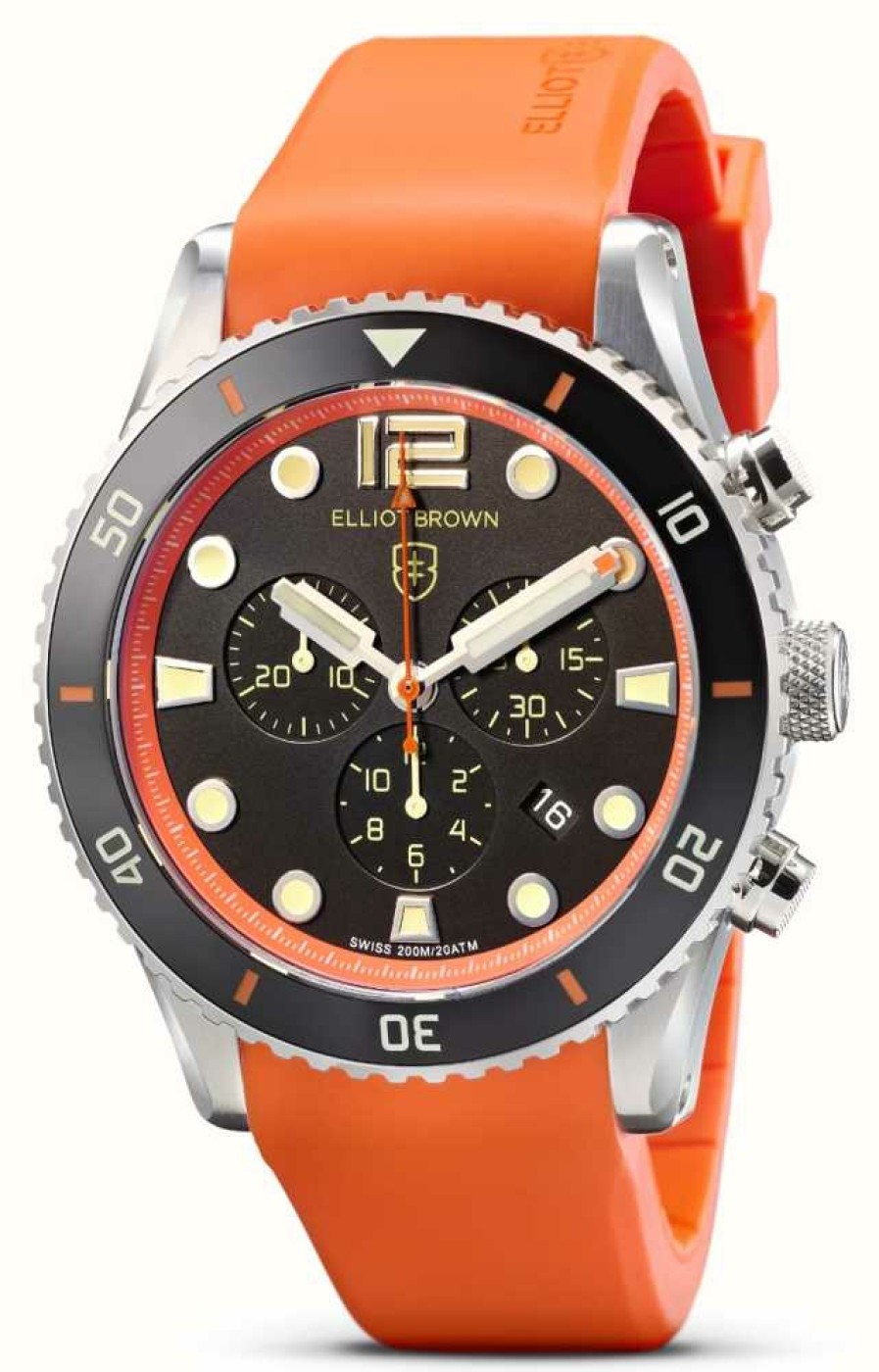 Men'S Elliot Brown | Elliot Brown Bloxworth Quartz Chronograph (44Mm) Matt Black Dial / Orange Epdm Rubber Strap