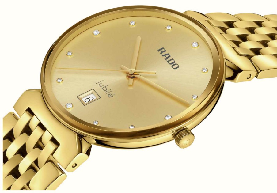 Men'S RADO | Rado Florence Diamonds (38Mm) Golden Sunray Dial / Gold Pvd Stainless Steel Bracelet