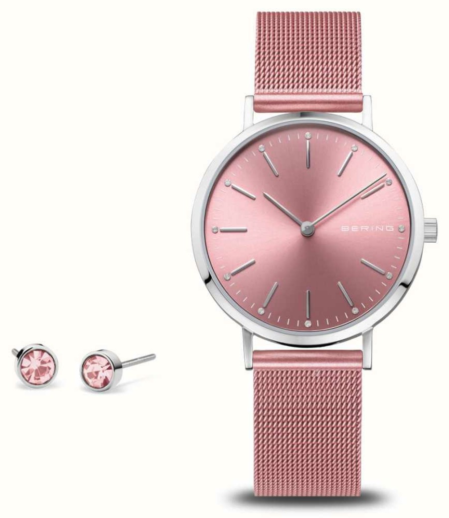 Women'S Bering | Bering Women'S Charity Gift Set (34Mm) Pink Dial / Pink Steel Mesh Bracelet